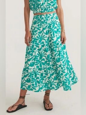 Marine Layer Tiered Double Layer Maxi Skirt Spruce Flora 100% Cotton Large